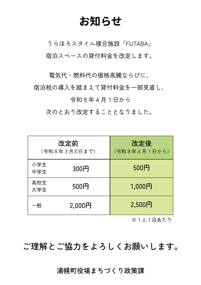 宿泊スペースの貸付料金の改定について